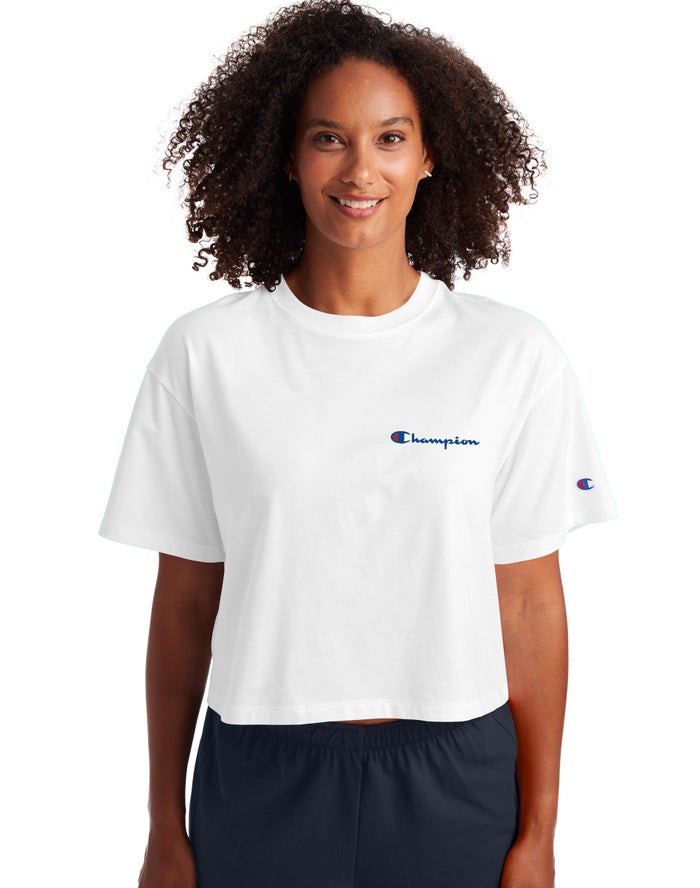 Champion Dame T-Shirts Hvide - Cropped Script Logo - Danmark UCR-975684